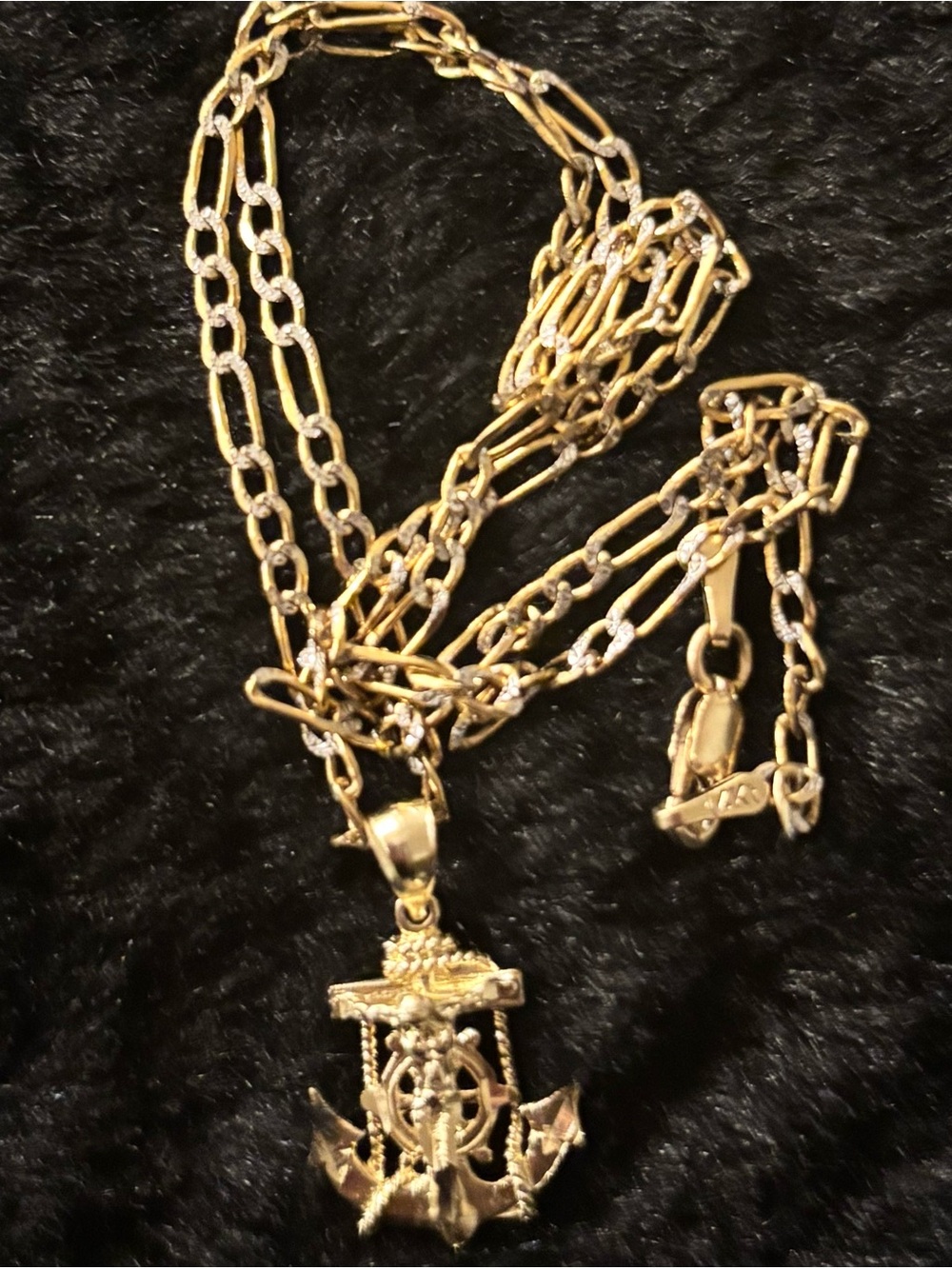 14k Gold Anchor Pendant Necklace Figaro Chain